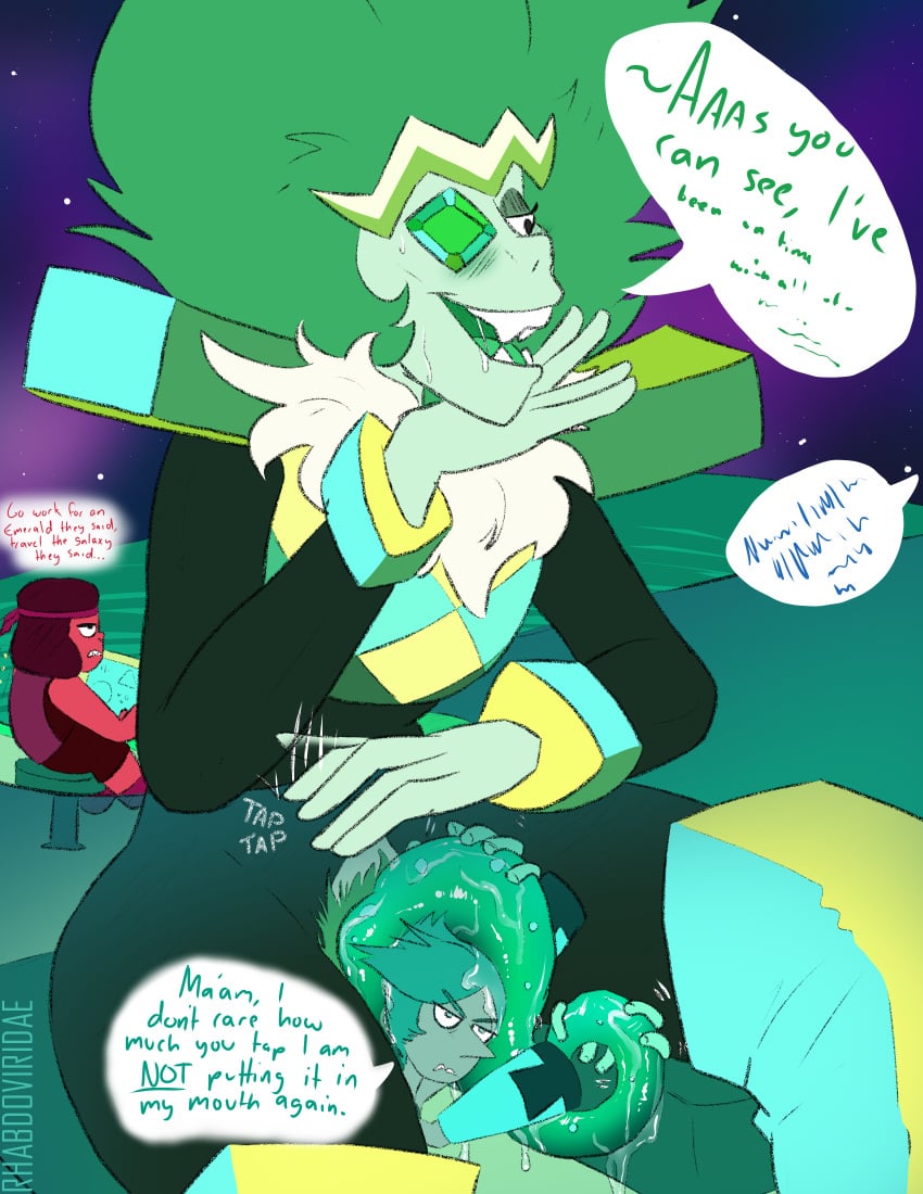 cartoon_network emerald_(steven_universe) futanari green_hair intersex masturbation open_mouth prehensile_penis ruby_(steven_universe) steven_universe text_bubble wolftacos