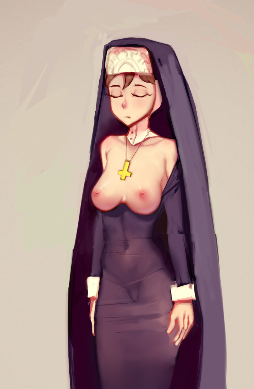 1girls blonde_hair breastless_clothes breastless_clothing breasts clothed clothing double_(skullgirls) exposed_breasts female jearz nipples nun skullgirls topless_dress