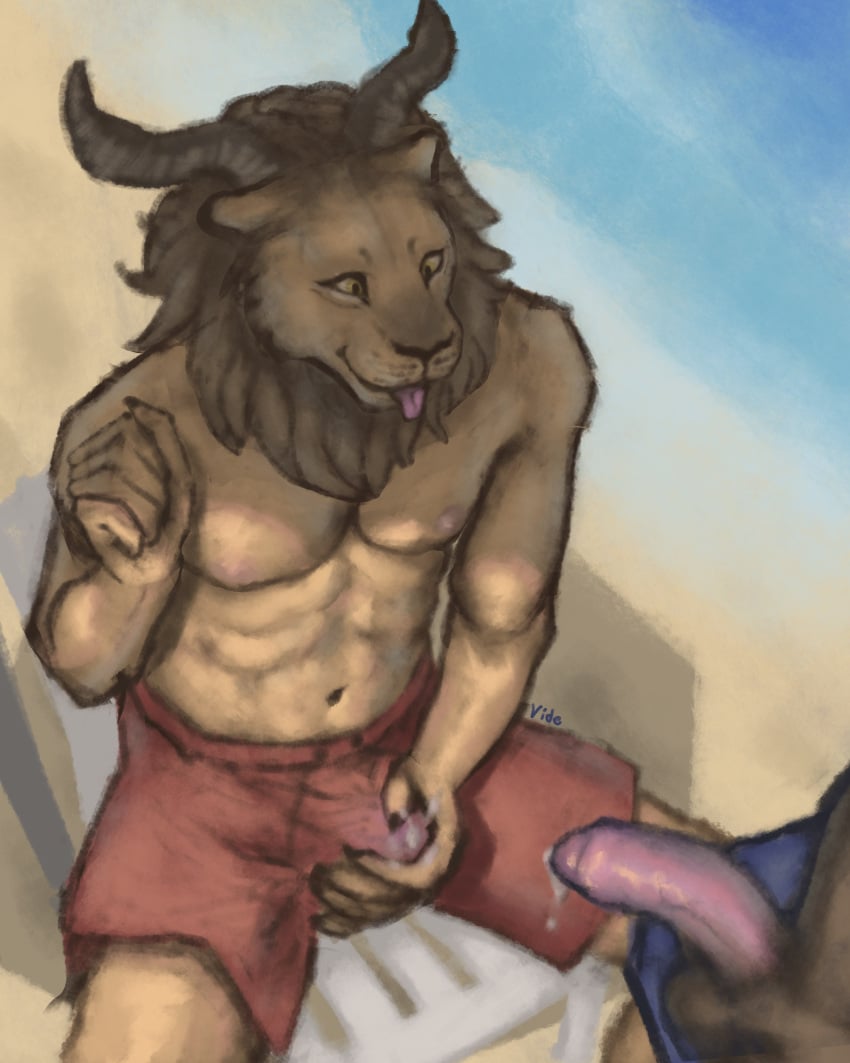 absurd_res anthro beach bodily_fluids bulge clothing cum delicious_in_dungeon dungeon_meshi felid genital_fluids hi_res horn lion male male_only mammal masturbation pantherine public seaside solo solo_focus swimwear tongue tongue_out vide