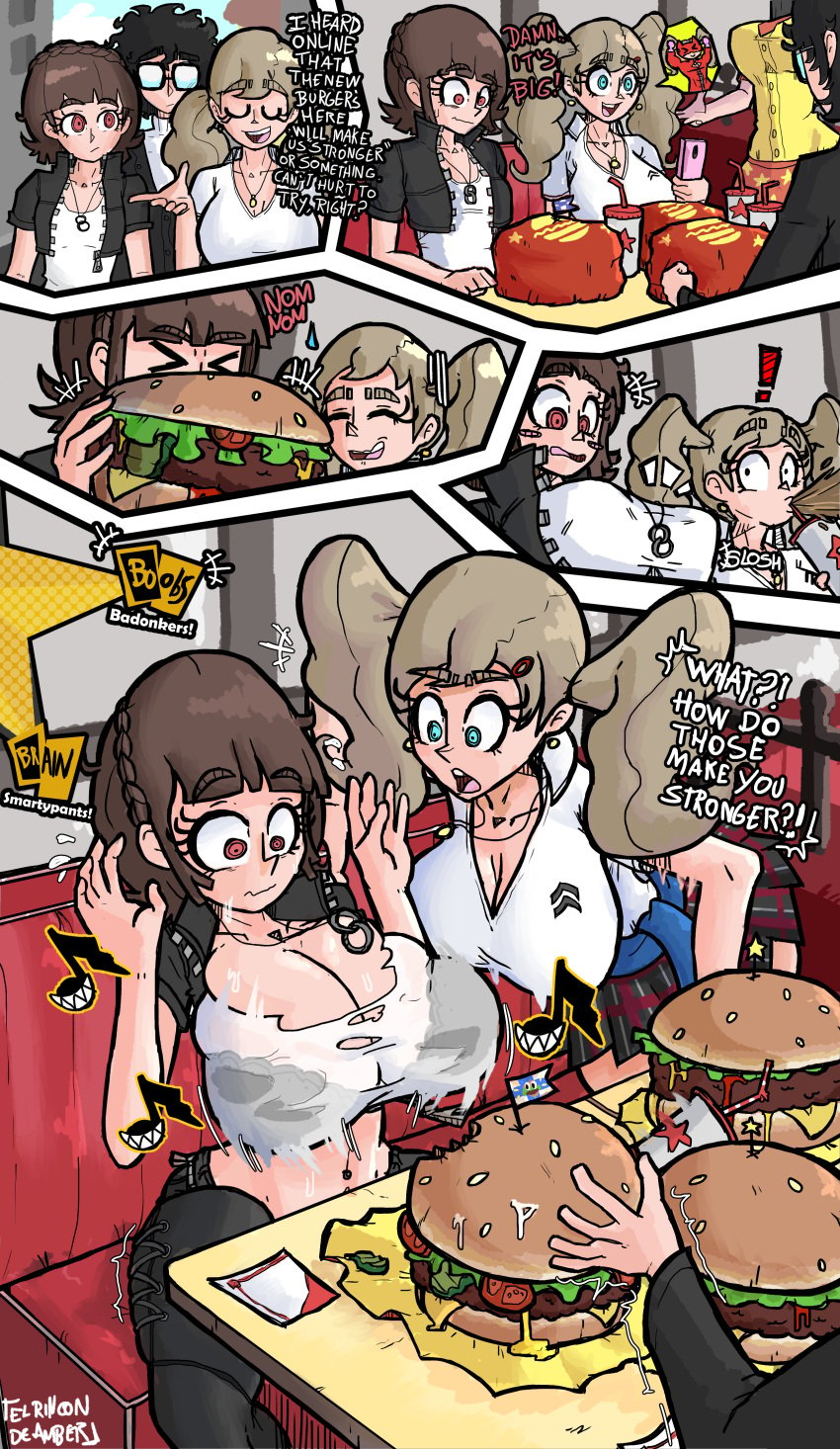 1boy 2girls akira_kurusu ann_takamaki big_breasts black_bra bra bra_visible_through_clothes breast_expansion breasts breasts_bigger_than_head closed_eyes el_rincon_de_amber expansion food makoto_niijima open_mouth persona persona_5 persona_5_royal ren_amamiya