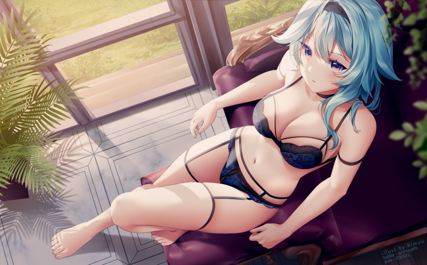 1girls barefoot blue_hair bra breasts cleavage curvy eula_(genshin_impact) feet female garter_belt garter_straps genshin_impact human lingerie medium_breasts panties rimuu toes underwear voluptuous