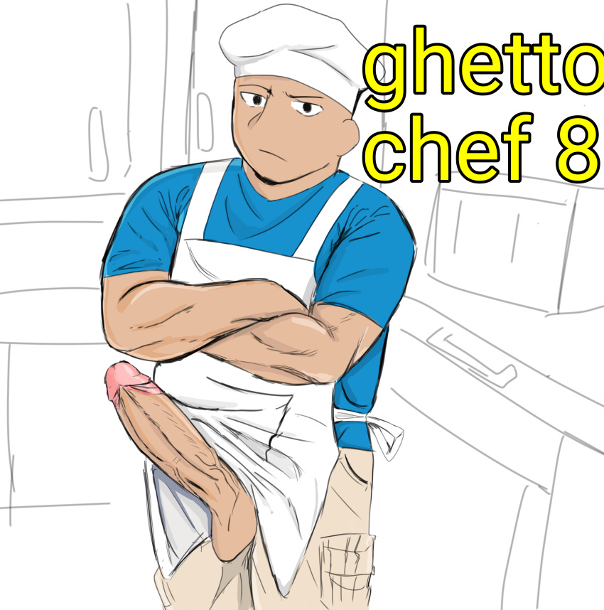 angry apron arms_crossed balls big_penis blue_shirt charlie_guzman chef_dashie chef_hat crossing_arms dashie_(dashiegames) dashiegames dashiexp dominican erection fat_man gay genitals horny looking_at_viewer male muscles plain_background simple_background solo solo_focus solo_male straight testicles uncolored_background white_apron white_background yellow_text youtube youtuber