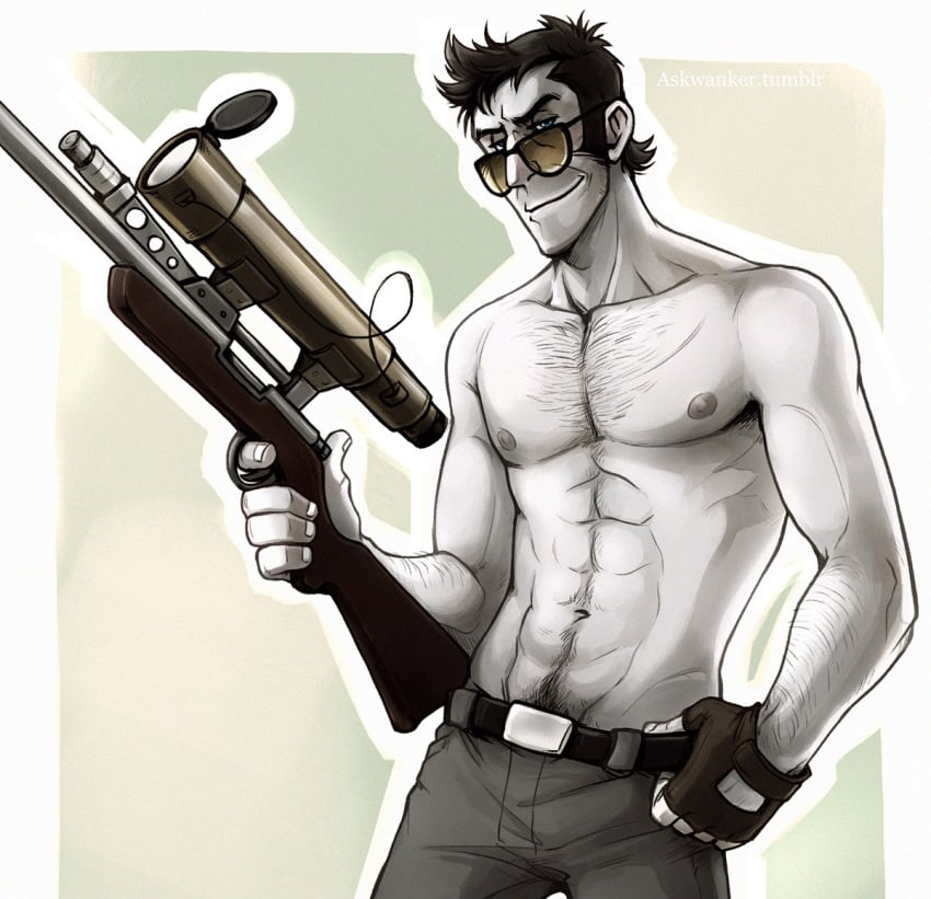 1boy aviator_sunglasses body_hair fingerless_gloves lintufriikki male_focus male_only muscular muscular_male nipples smirk sniper sniper_(team_fortress_2) sniper_rifle solo solo_male sunglasses tagme team_fortress_2 tinted_eyewear