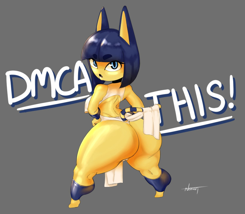 animal_crossing ankha anthro_cat back_view blue_eyes blue_hair cat cat_ears cat_tail english_text eyebrows_visible_through_hair feline full_color huge_ass nezulet nintendo presenting_hindquarters rags shortstack snaggle_tooth text thick_eyebrows thick_thighs wide_hips yellow_body