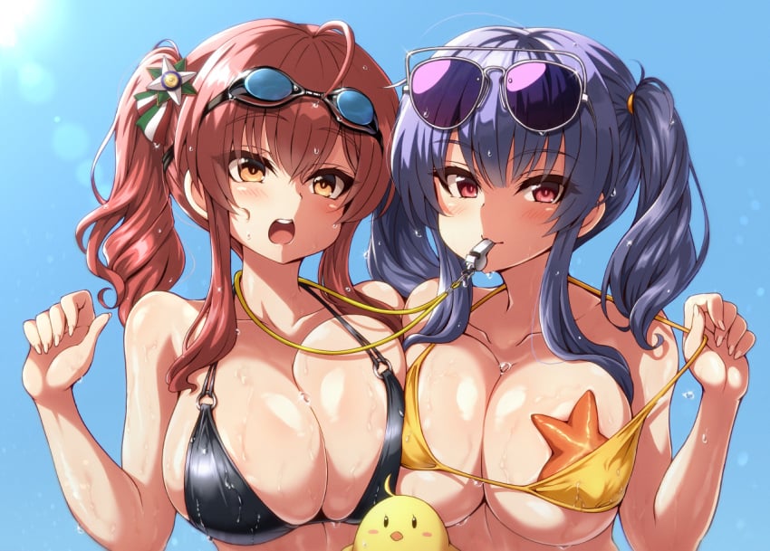 2021 2girls ahoge asymmetrical_docking azur_lane bikini bikini_top_pull bird black_bikini blue_hair blue_sky breast_press breast_squish breasts cleavage convenient_censoring embarrassed eyebrows_visible_through_hair female female_focus goggles goggles_on_head hair_ornament hiraga_daidai huge_breasts manjuu_(azur_lane) object_in_mouth open_mouth orange_eyes outdoors pola_(azur_lane) pola_(seaside_coincidence)_(azur_lane) red_eyes red_hair shiny_skin side_ponytail simple_background starfish starfish_pasties sunglasses sunglasses_on_head sweat swimsuit twintails underboob wet wet_body whistle whistle_around_neck whistle_in_mouth yellow_bikini zara_(azur_lane) zara_(poolside_coincidence)_(azur_lane)