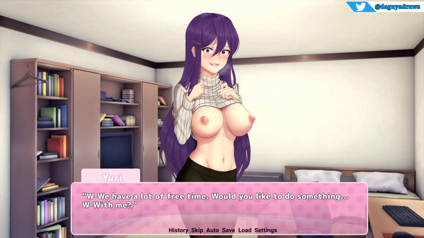 abdomen big_breasts blush breasts creepy_stare daguya_draws ddlc_text_box doki_doki_literature_club leggings looking_at_viewer pov pov_eye_contact pulled_up_shirt purple_eyes purple_hair smile sweater video_games waist yandere yuri_(doki_doki_literature_club)