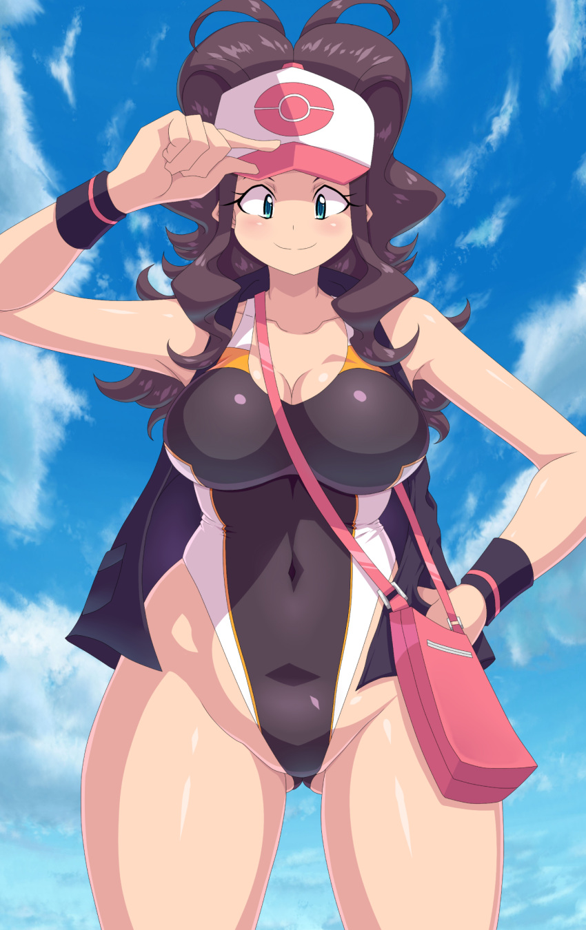 1girls bag big_breasts blue_eyes breasts brown_hair cougar3 hat hilda_(pokemon) human kihaiu leotard nintendo one-piece_swimsuit pokemon pokemon_bw smile solo standing swimsuit thick_thighs