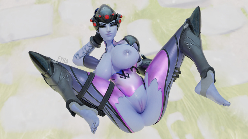 3d barefoot big_breasts blender breasts feet fyra_(artist) overwatch purple_skin pussy shaved_pussy spread_legs widowmaker