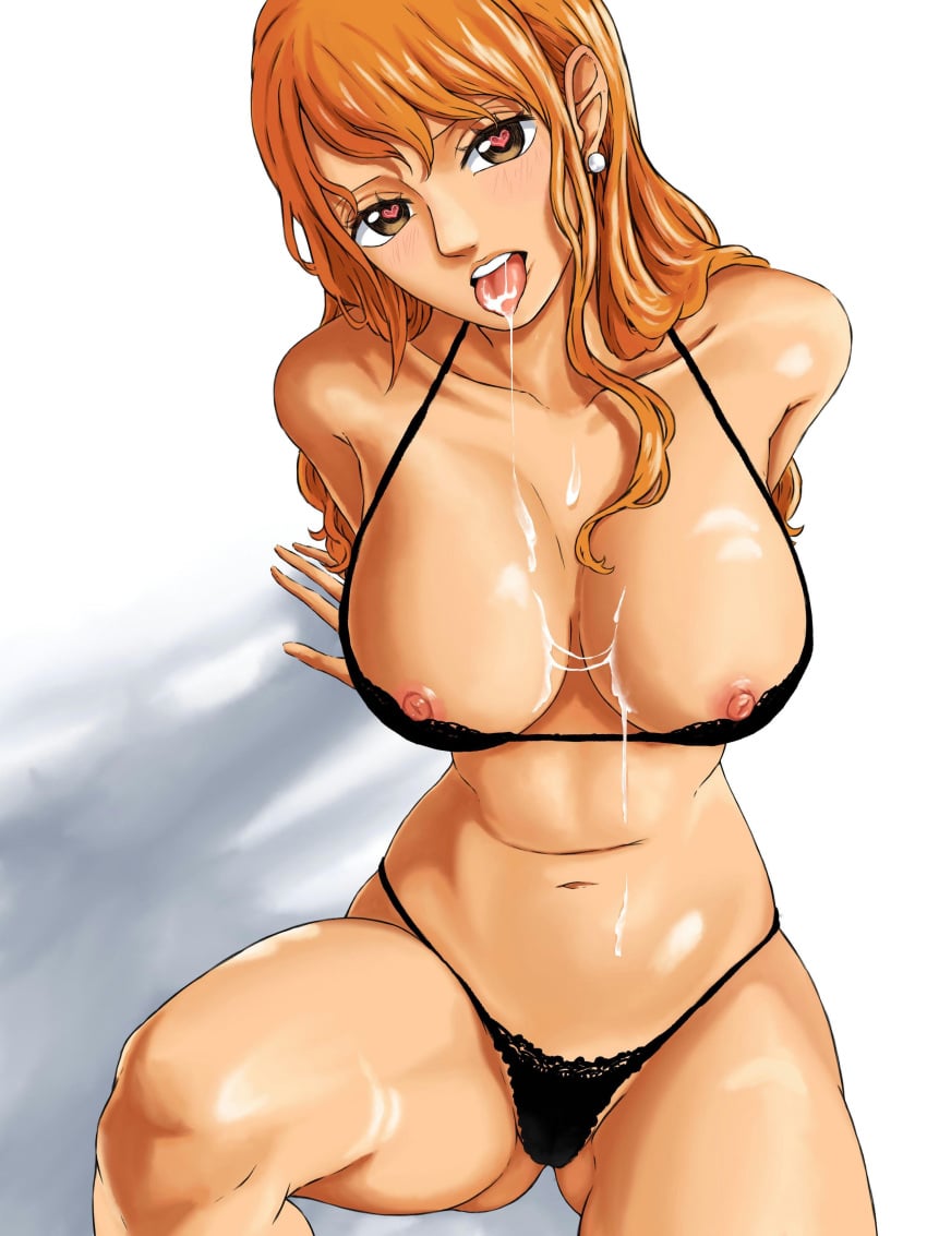 1girls areolae big_breasts bikini breasts cum cum_on_breasts female female_only heart-shaped_pupils horny large_breasts looking_at_viewer naked nami navel nipples one_piece pose red_hair shellmaru solo