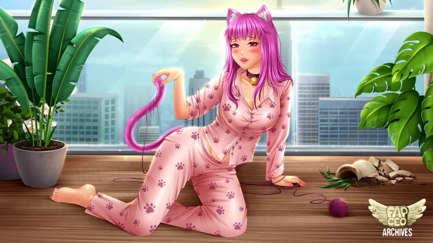 1girls ayumi_(fap_ceo) cat_ears cat_tail catgirl clothing fap_ceo female female_only holding_tail nutaku on_floor pajamas pink_eyes pink_hair pink_toenails potted_plant sitting_on_floor solo string wooden_floor yarn