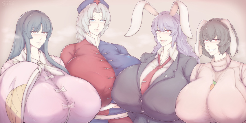 4girls :3 bunny_ears eirin_yagokoro elun_(meido) fang gigantic_breasts kaguya_houraisan nipple_bulge reisen_udongein_inaba tewi_inaba touhou