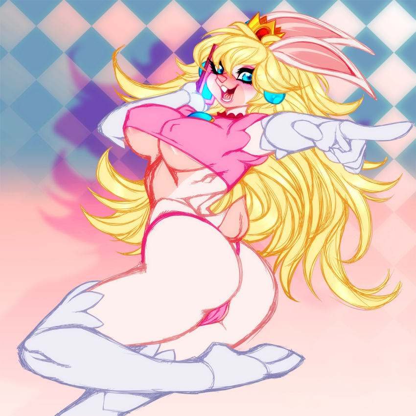 anthro ass blonde_hair blue_eyes breasts cosplay crown crystal-for-ever female female_only fur hair mario_(series) mario_+_rabbids mario_+_rabbids:_kingdom_battle nintendo nipple_bulge open_smile panties partially_clothed princess_peach_(cosplay) rabbid rabbid_peach rabbit raving_rabbids simple_background smile solo teeth tongue white_fur