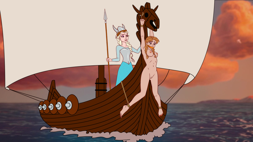 2girls anna_(frozen) arms_tied_above_head arms_up blonde_hair blue_dress boat bondage braid braided_hair braided_ponytail breasts cleft_of_venus cloth_gag clothed_female_nude_female cloud disney elsa_(frozen) female female_only femdom femsub figurehead forced_exposure frozen_(film) gag gagged hair_over_shoulder helmet horned_helmet human_figurehead human_furniture humiliation medium_breasts multiple_girls nipples ocean outdoors pussy red_toenails royalty ship sisters sky spear twin_braids uncensored victor_zulu victorzulu weapon