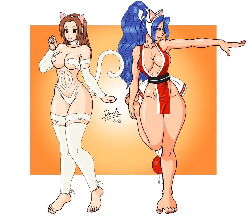 2021 2girls 5_toes barefoot blue_eyes breasts brown_eyes brown_hair clothing cosplay covered_pussy crossover darkstalkers duo erect_nipples erect_nipples_under_clothes feet felicia felicia_(darkstalkers) female female_only green_eyes hi_res holding_leg king_of_fighters long_hair mai_shiranui multiple_girls nail_polish navel partially_clothed ponytail red_nails red_toenails signature simple_background small_breasts wolfdog_shiranui