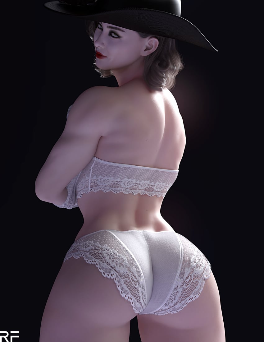 1girls 3d 3d_(artwork) alcina_dimitrescu ass big_ass big_butt bra brown_hair brunette butt capcom dat_ass female female_only frilly frilly_bra frilly_clothing frilly_panties frilly_underwear from_behind hat lace-trimmed_bra lace-trimmed_panties lace_panties lingerie lipstick looking_at_viewer looking_back pale_skin panties picot_trim picot_trim_bra picot_trim_panties red_lipstick resident_evil resident_evil_8:_village rude_frog solo solo_female tagme underwear white_bra white_panties