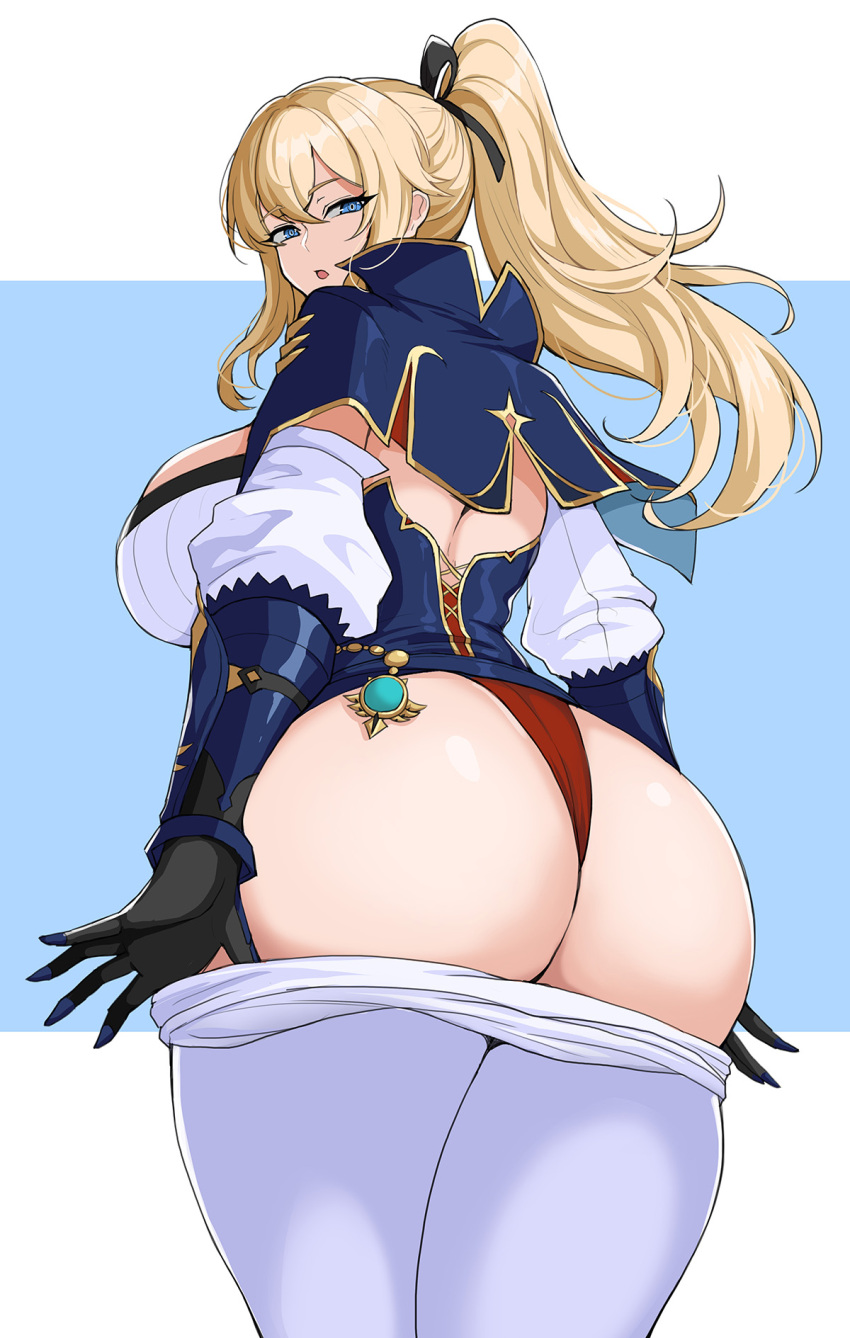 1girls ass big_ass big_breasts big_butt blonde_hair blue_eyes butt dat_ass drogod_(artist) exposed_ass fat_ass female female_only genshin_impact gloves hella_p jean_gunnhildr large_ass large_breasts long_hair looking_at_viewer looking_back pants_down ponytail red_panties solo solo_female thick thick_ass voluptuous