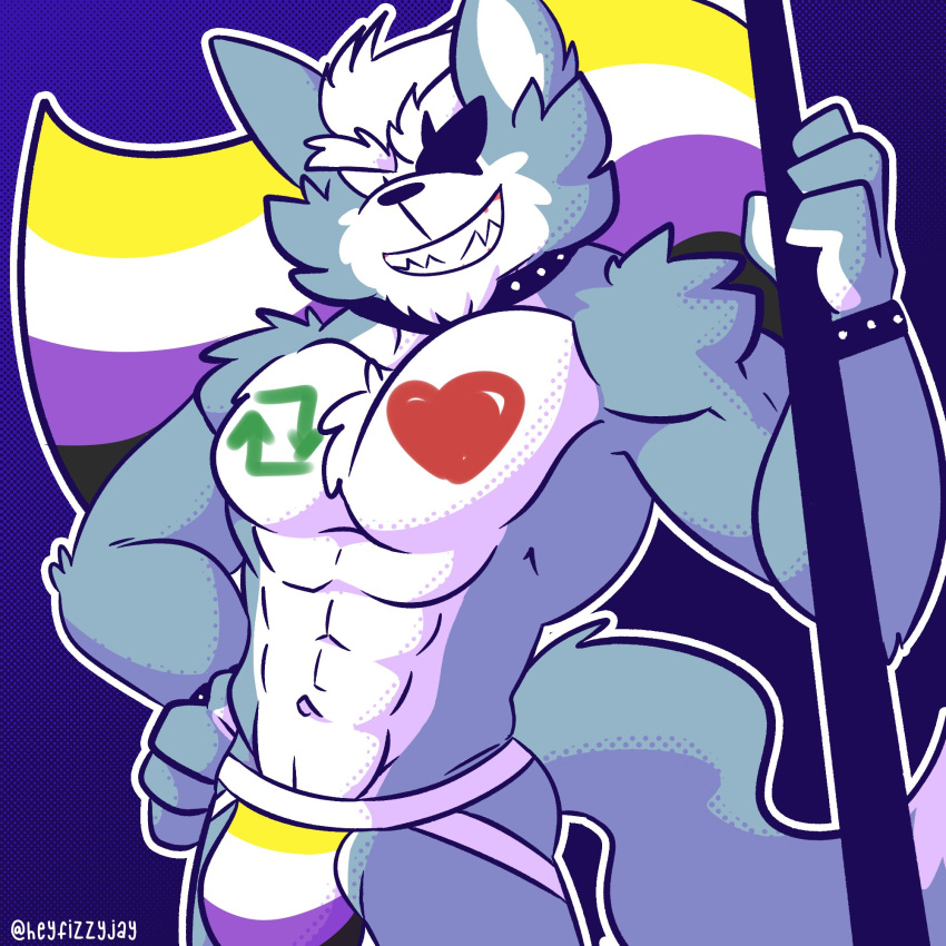 2022 abs anthro big_bulge big_muscles blue_background bodypaint bracelet bulge canid canine canis clothing collar eye_patch eyebrows eyewear fizzyjay flag fur hair hand_on_hip heart heart_icon hi_res holding_flag holding_object jewelry jockstrap lgbt_pride looking_at_viewer male male_only mammal muscular muscular_anthro muscular_male navel nintendo nonbinary_pride_colors obliques pecs pride_color_clothing pride_color_underwear pride_colors retweet retweet_icon simple_background smile solo standing star_fox teeth text tuft twitter underwear url video_games wolf wolf_o'donnell