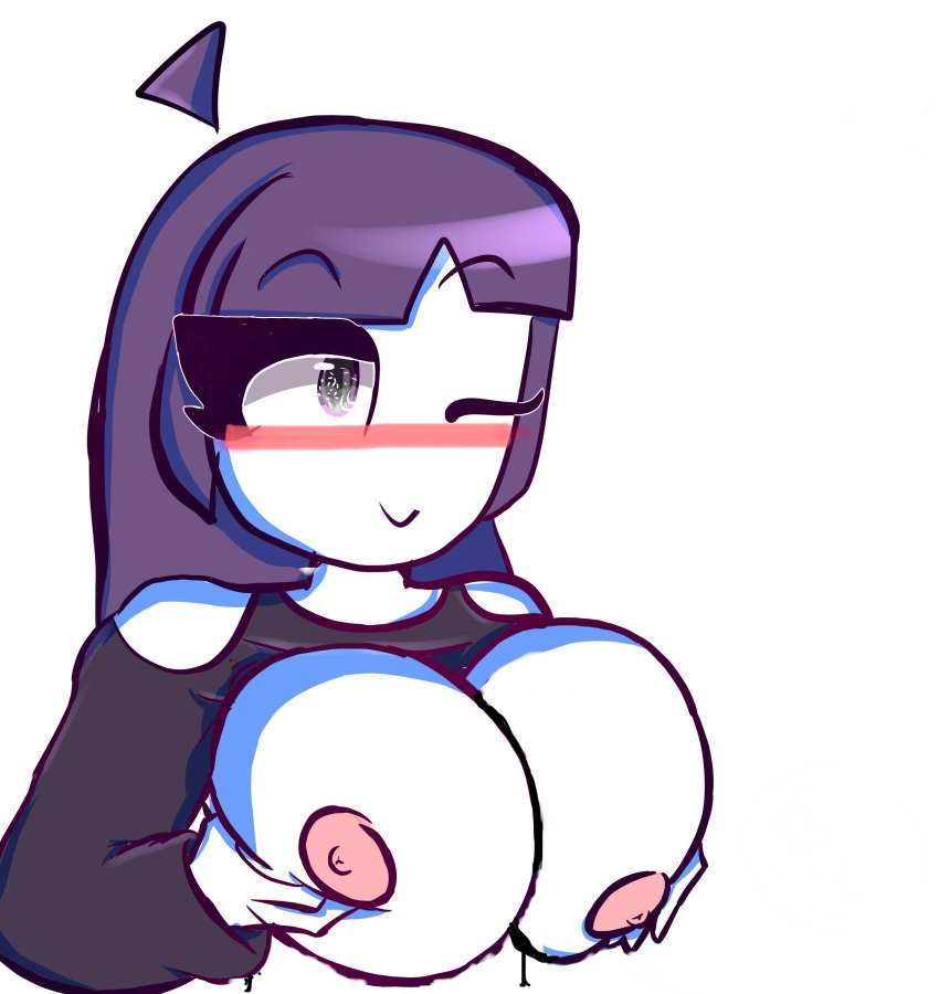 1girls blush breast_fondling breasts cleavage clothed communistpootisbird eyebrows_visible_through_hair female fondling grabbing_own_breast lila_(spooky_month) milf mother pureboiii purple_eyes purple_hair smile spooky_month squeezing_breast sr_pelo teasing traced traced_art white_background white_skin