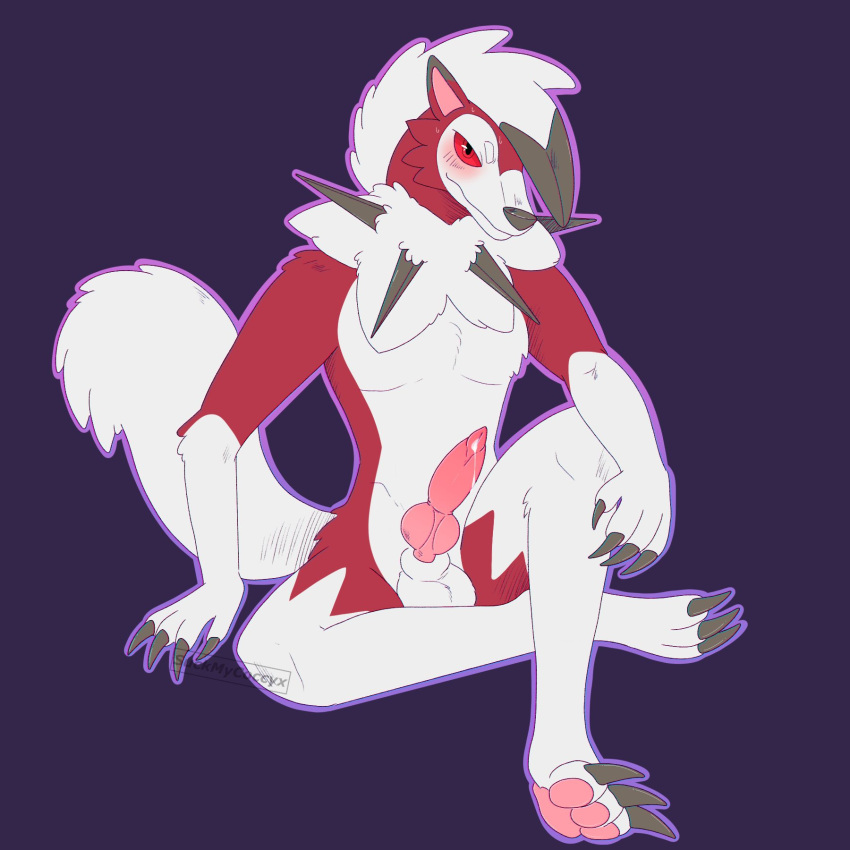 1:1 1boy animal_genitalia animal_penis anthro balls blush bodily_fluids canine_penis claws crossed_legs cum erection full-length_portrait fur genital_fluids genitals hi_res knot lacuna_lycanroc looking_at_viewer lycanroc male male_midnight_lycanroc male_only male_pokemon midnight_lycanroc neck_tuft nintendo pawpads paws penis pokémon_(species) pokemon portrait purple_background red_body red_fur simple_background sitting solo solo_male spikes suckmycoccyx tuft video_games white_body white_fur