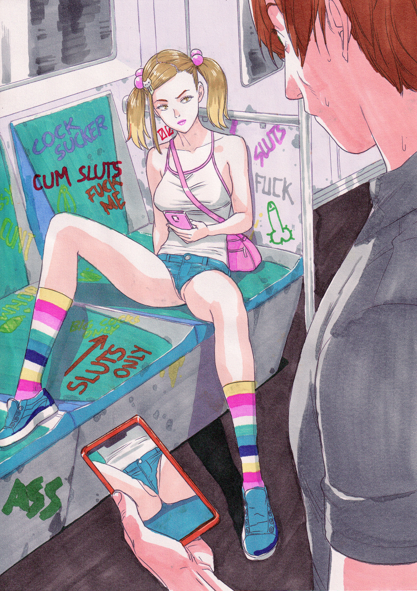 1boy 1girls between_labia blonde_hair emotionless expressionless female graffiti hair_pin hazel_eyes innie_pussy jean_thong lipstick lisa_(tekuho) long_socks male marker_(medium) micro_shorts original revealing_clothes skimpy_clothes smartphone spread_legs tank_top teenager tekuho twintails