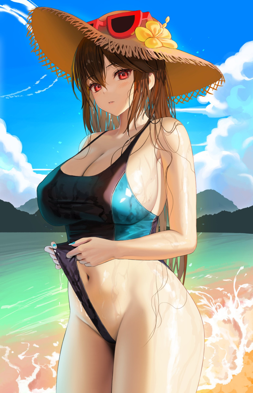 absurdres bare_arms bare_shoulders black_swimsuit breasts brown_hair brown_headwear check_copyright cleavage clothes_pull copyright_request covered_erect_nipples cowboy_shot eyewear_on_head eyewear_on_headwear female frontal_wedgie groin hat highres large_breasts long_hair looking_at_viewer nail_polish navel one-piece_swimsuit original parted_lips red_eyes self_wedgie sidelocks solo stomach straw_hat sunglasses sunglasses_on_head swimsuit swimsuit_pull thighs tokkihouse water wedgie wet