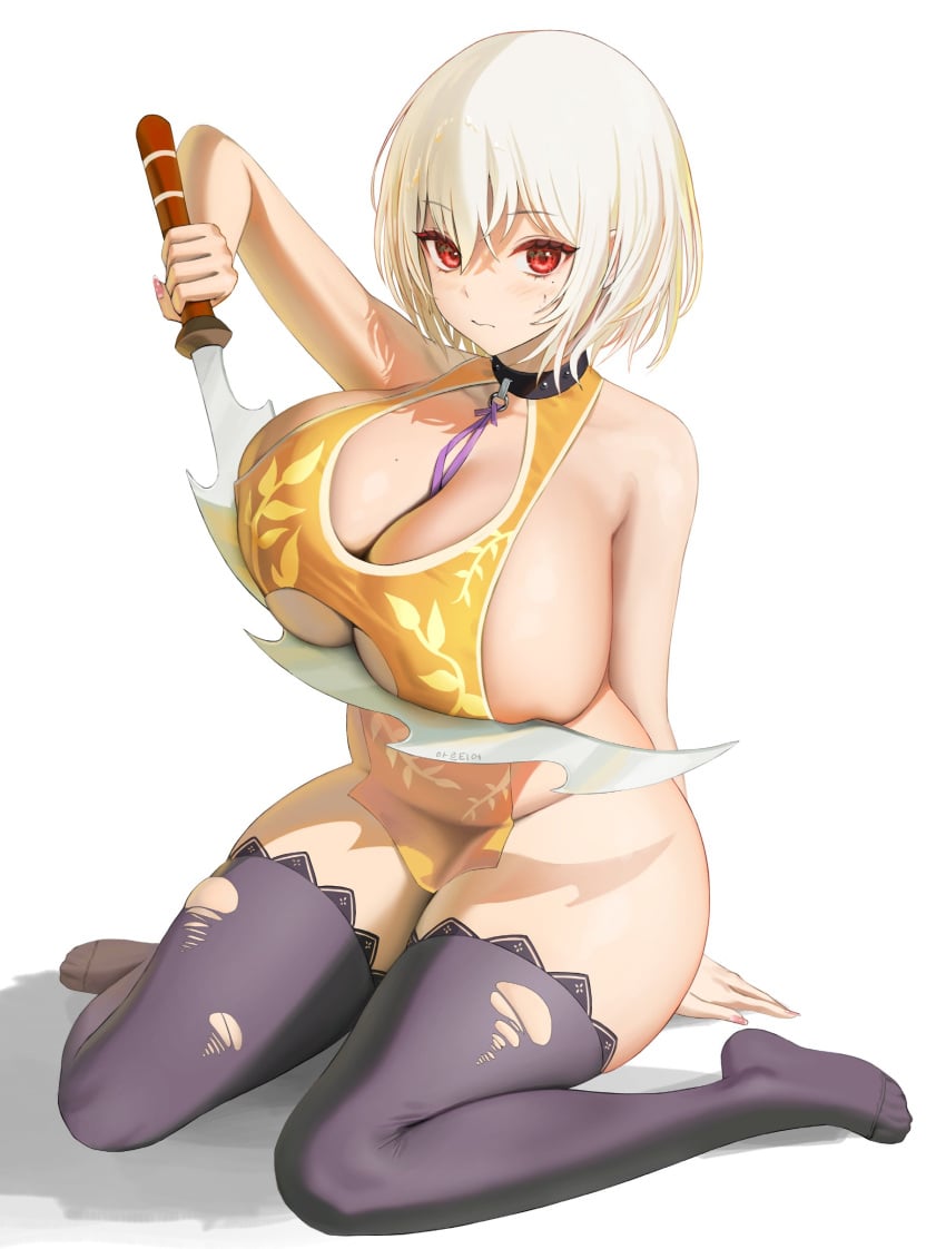 absurdres bangs black_collar breasts cleavage cleavage_cutout clothing_cutout collar female hair_between_eyes highres holding holding_weapon huge_breasts neckwear_between_breasts original purple_legwear purple_neckwear red_eyes scimitar short_hair simple_background sitting solo sweat sword thighhighs tokkihouse torn_clothes torn_legwear underboob_cutout weapon white_background white_hair