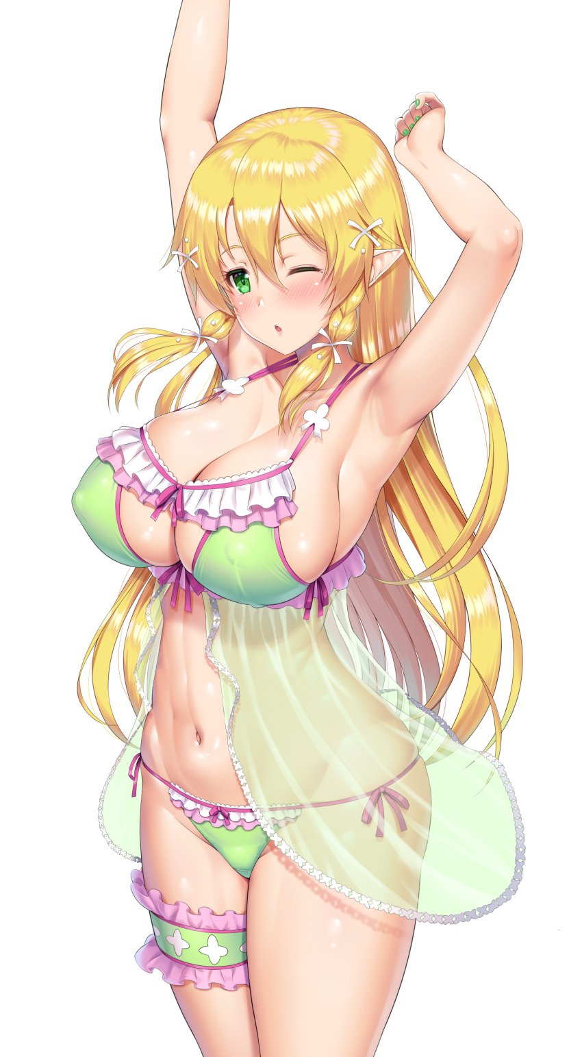 1girls armpits arms_up bangs bare_shoulders blonde_hair blush braid cleavage elf elf_ears elf_female female fit_female frills green_eyes hair_ornament hourglass_figure kawase_seiki large_breasts leafa light-skinned_female lingerie long_hair looking_at_viewer nail_polish navel open_mouth panties pointy_ears see-through slim_waist solo sword_art_online thick_thighs wide_hips