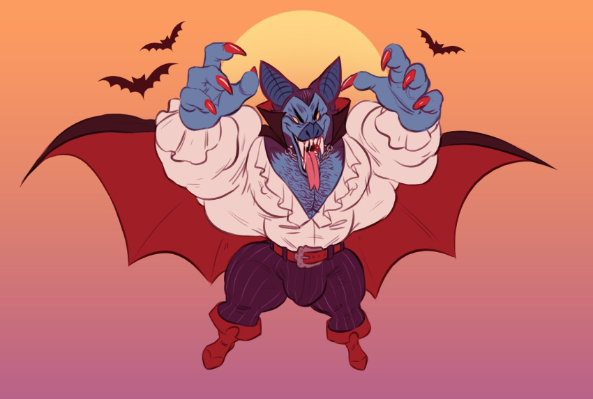 anthro bara bat body_hair bulge cape chest_hair cloak dirtyyeen fully_clothed furry hunk male male_only mezcal muscles muscular open_mouth sharp_claws sharp_nails sharp_teeth shoegaze. sun sunset tight_clothing tongue tongue_out vampire