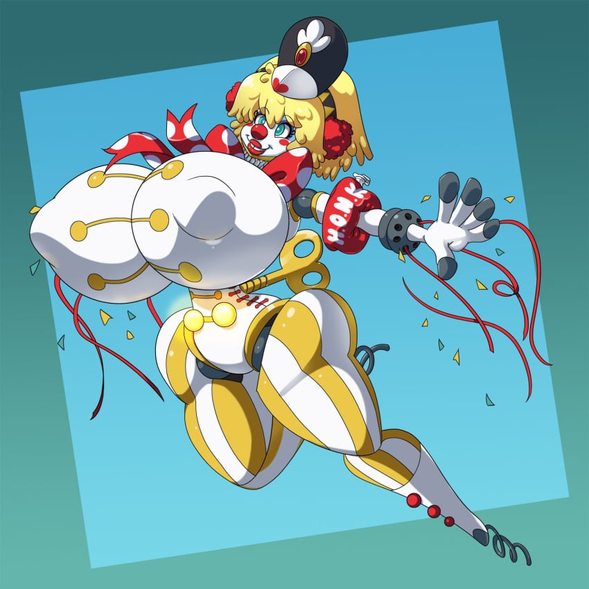 aegis_(persona) aigis_(persona) big_breasts big_lips bimbo bimbofication blonde_hair blue_eyes breast_expansion breasts clown clown_nose clownification collar digital_media_(artwork) female high_heels honk inanimate inanimate_transformation latex massive_breasts persona persona_3 polka_dots rainbow red_nose simple_background spiralingstaircase tights topless transformation transformation_(object) transformation_sequence transformed white_background wind_up