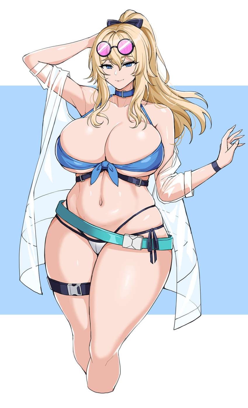 1girls big_breasts bikini blonde_hair blue_eyes curvy drogod_(artist) female female_only genshin_impact glasses glasses_on_head hella_p jean_gunnhildr large_breasts long_hair midriff solo solo_female swimsuit thick thick_thighs voluptuous wide_hips