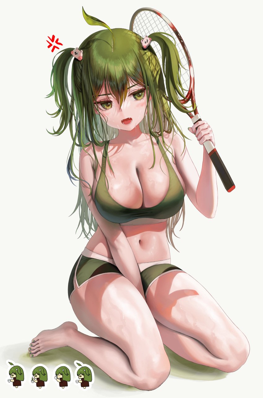 absurdres ahoge anger_vein animal_hair_ornament bare_shoulders barefoot between_legs bra breasts chibi cleavage collarbone cup drinking fangs female full_body green_bra green_eyes green_hair green_nails hair_between_eyes hair_ornament hand_between_legs highres holding holding_cup kneeling large_breasts leaf leaf_on_head long_hair looking_to_the_side multiple_views nail_polish navel open_mouth original racket short_shorts short_twintails shorts sports_bra sportswear sweat teacup tennis_racket tokkihouse twintails underwear white_background