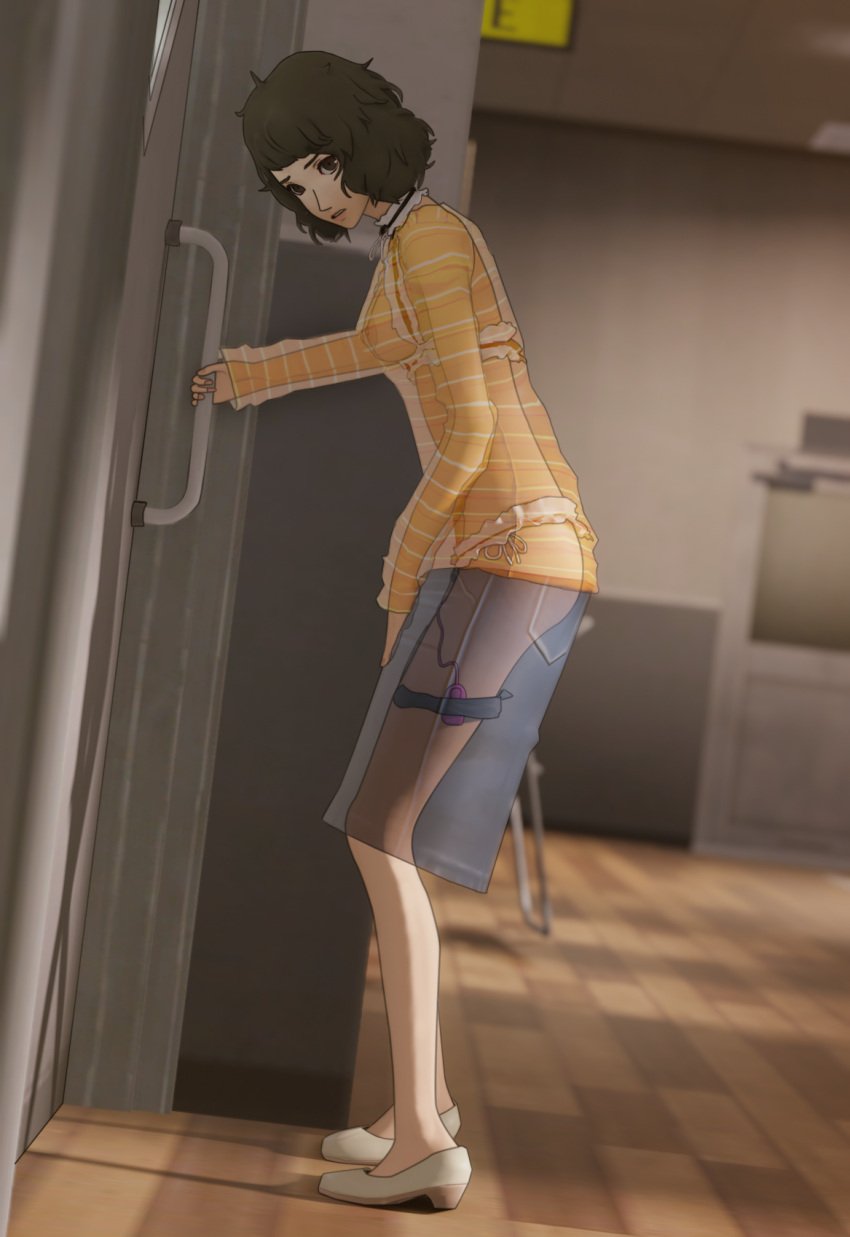 3d 3d_(artwork) atlus black_hair blender breasts brown_eyes clothed_masturbation clothing discreet_vibrator embarrassed feet_apart female female_focus female_only hallway high_resolution knees_together knees_together_feet_apart leaning_forward lingerie looking_at_another masturbation persona persona_5 pigeon-toed public public_vibrator remote_control_vibrator sadayo_kawakami saltotter school sex_toy sex_toy_under_clothing short_hair skirt solo standing striped_shirt teacher vibrator vibrator_cord vibrator_strapped_to_leg vibrator_under_clothes x-ray