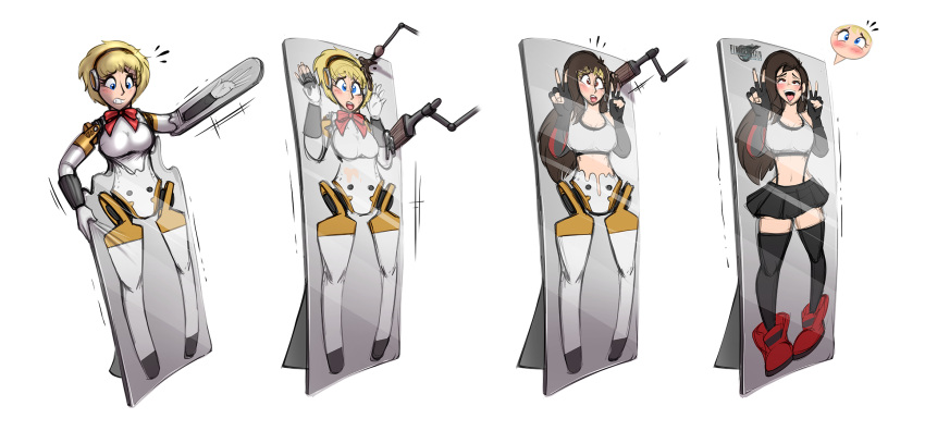 2girls aegis_(persona) ahoge aigis_(persona) alternate_breast_size big_breasts bimbo bimbofication blonde_hair blue_eyes breast_expansion breasts card card_game cardboard cardboard_cutout female final_fantasy final_fantasy_vii human_to_inanimate inanimate_object inanimate_transformation large_breasts long_hair magic multiple_girls paint painting persona persona_3 petrification short_hair smile text tifa_lockhart transformation transformation_(object)