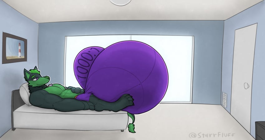 1boy 1male anthro ball_expansion bed bedroom claws collar comic compression_clothing furry green_fur green_hair hammerspace huge_balls huge_cock hyper hyper_balls hyper_penis male paws penis_expansion sequence starrfluff tail