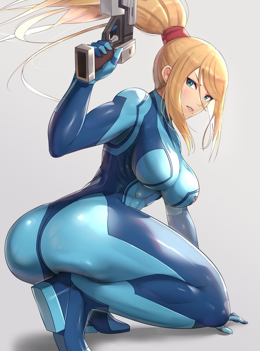 1girls abs ass big_breasts blonde_hair blue_eyes bodysuit breasts firearm gonzarez gun handgun human metroid nintendo pale_skin samus_aran solo solo_female thick_ass thick_thighs weapon zero_suit zero_suit_samus