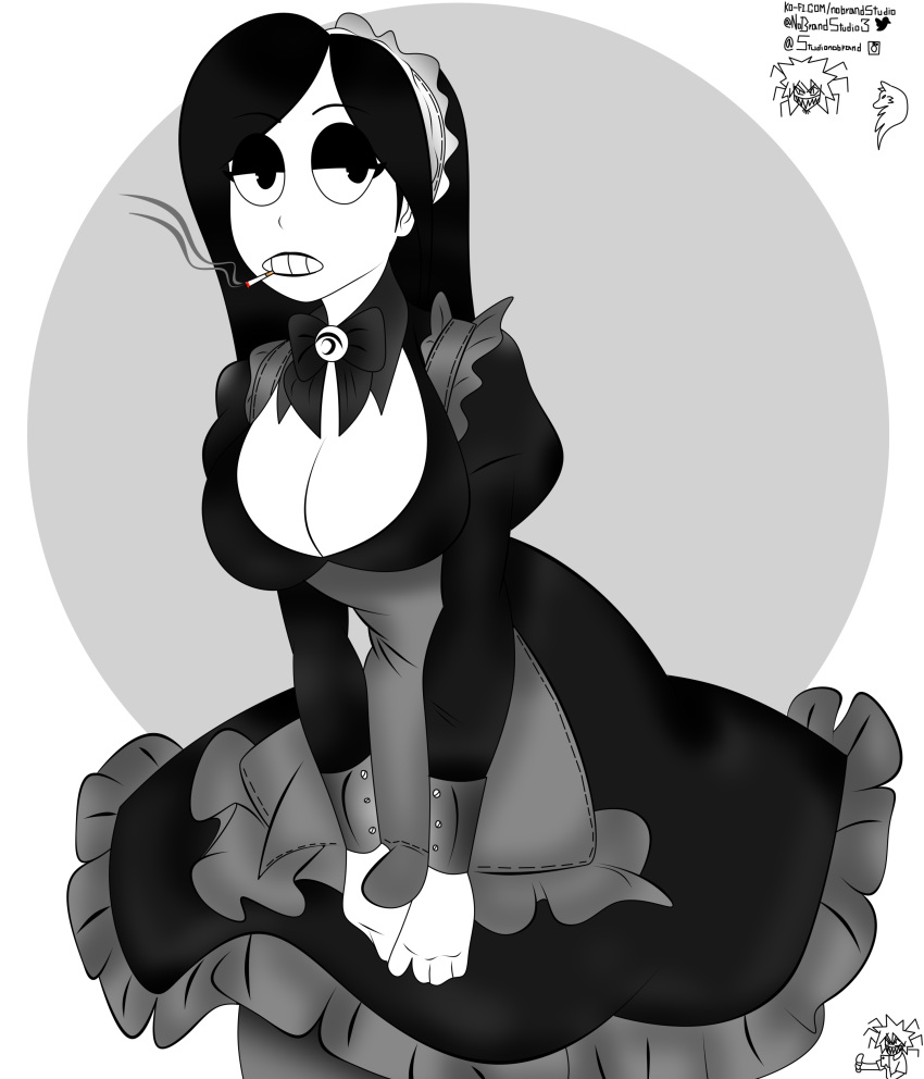 2021 big_breasts black_hair cigarette female goth lipstick looking_at_viewer maid maid_uniform nobrandstudio solo solo_female veronica_(saltynoodles) white_skin