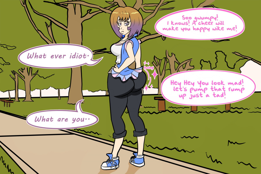 ass_expansion bimbo bimbofication brown_hair female jogging leggings lewdjacket mid-transformation original_character purple_hair sneakers sportswear twintails