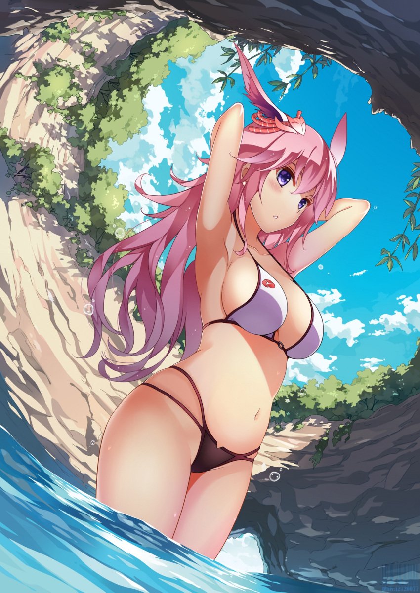 1girls bikini breasts female female_only guns_girlz_(series) hands_behind_head honkai_impact honkai_impact_3rd kanzaki_nice long_hair pink_hair purple_eyes solo swimsuit three-quarter_portrait three-quarter_view wading water yae_sakura yae_sakura_(honkai_impact)