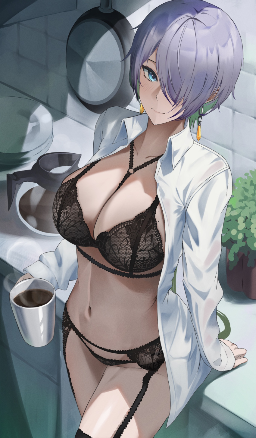 1girls alternate_costume arm_support black_bra black_legwear black_panties black_thighhighs blue_eyes blush bra breasts brid_(nikke) cleavage closed_mouth clothing coffee collarbone colored_inner_hair cup dangle_earrings earrings elvandec female goddess_of_victory:_nikke green_hair grey_hair hair_over_one_eye holding holding_cup jewelry large_breasts light_blush lingerie looking_at_viewer low-tied_long_hair matching_underwear midriff multicolored_hair navel one_eye_covered open_clothes open_shirt panties shirt short_hair sitting smile solo thighhighs third-party_source two-tone_hair underwear white_shirt