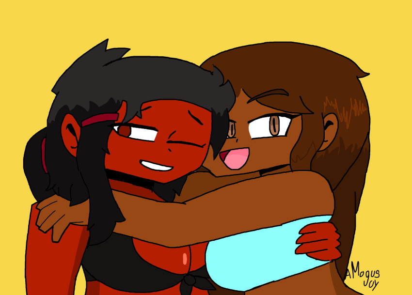 2girls bikini dark-skinned_female lesbian long_hair ms_paint