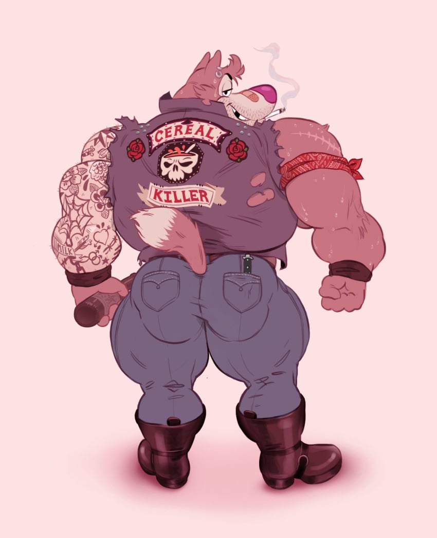 alcohol anthro ass back_view bandaid bandaid_on_nose bara barazoku big_ass biker biker_clothes boots cereal_mascot chip_the_wolf cigarette cigarette_in_mouth cookie_crisp dirtyyeen fully_clothed furry half-closed_eyes hunk looking_back male male_only mascot mezcal missing_tooth muscles muscular ripped_clothing rose_(flower) scar shoegaze. sleeveless_jacket smiling smoking sweat sweaty tail tattoos tight_clothing wolf