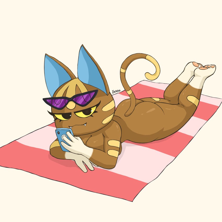 2021 animal_crossing anthro ass big_butt breasts brown_fur cat_ears cat_tail felid feline felis female fur furry furry_only gammainks katt_(animal_crossing) looking_at_viewer lying nintendo nude shortstack solo tail