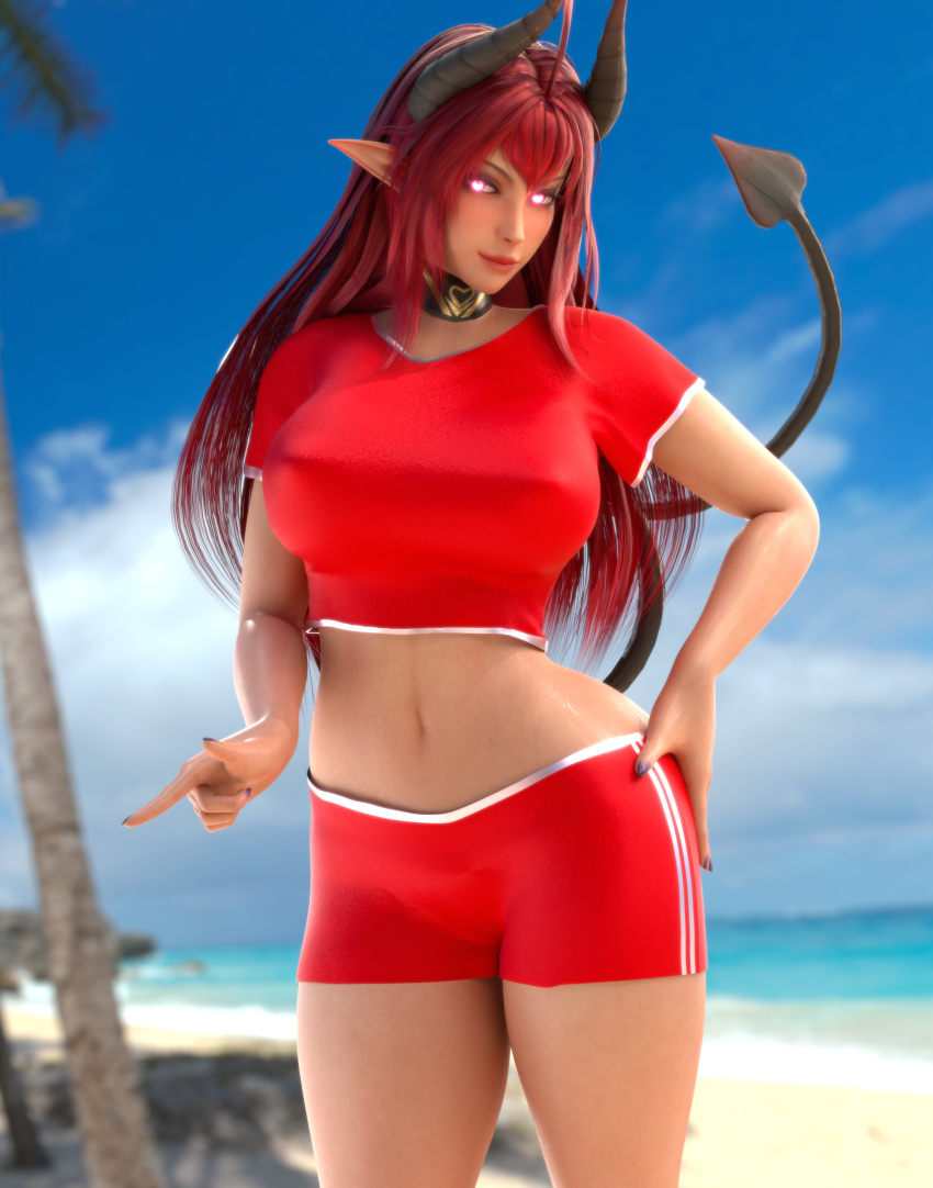 1girls 3d adeptusinfinitus bare_midriff beach bedroom_eyes blender choker crop_top cropped_legs female female_only front_view glowing_eyes hand_on_hip horns long_hair looking_at_viewer midriff navel original_character painted_nails pointy_ears red_hair shorts sinia solo_female standing succubus succubus_horns succubus_tail t-shirt tail thighs