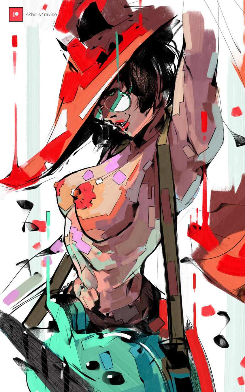 1girl 1girls 2bells1ravine abstract absurd_res areola areolae armpit armpits arms_above_head arms_up artist_name big_breasts black_hair bob_cut breasts casual female female_focus female_only glasses green-tinted_eyewear guilty_gear guilty_gear_strive guitar hat hi_res human i-no instrument lipstick looking_over_eyewear looking_over_glasses looking_over_sunglasses milf musical_instrument musical_note patreon_username pose posing red_lipstick shirtless short_hair solo suggestive suggestive_look sunglasses tinted_eyewear topless witch witch_hat