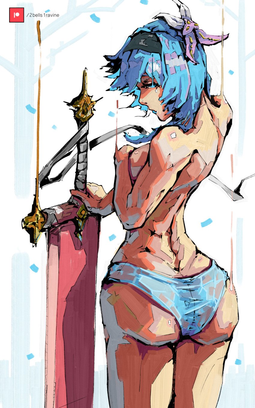 2bells1ravine art artist_name ass eula_(genshin_impact) female_only genshin_impact muscular panties see-through_panties sword