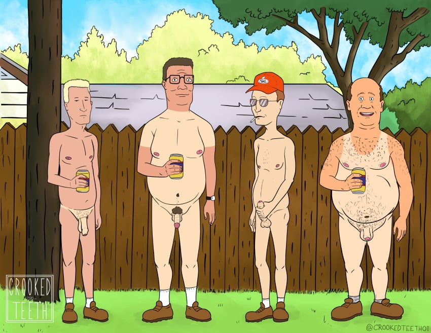 4boys balls baseball_cap beer_can bill_dauterive blonde_hair boomhauer brown_hair chest_hair cigarette circumcised crooked_teeth_(artist) dale_gribble flaccid footwear foreskin glans glasses hank_hill hat holding_penis king_of_the_hill male male_only moobs naked_with_shoes_on nipples on_model overweight overweight_male partially_retracted_foreskin penis penis_size_difference pubic_hair public_nudity retracted_foreskin shoes slightly_chubby socks_and_shoes standing sunglasses tanline tanlines tight_foreskin uncut wooden_fence