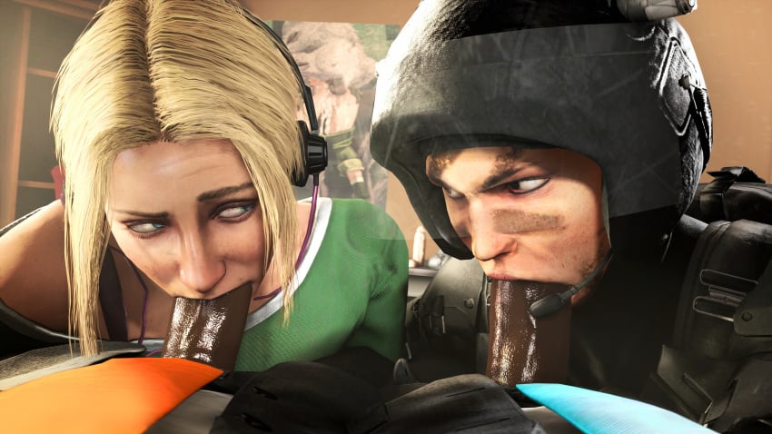 2boys 2girls 3d akatomasu angry blonde_hair blowjob blue_eyes bob_cut brown_eyes brown_hair castle_(rainbow_six) clothed competition dark-skinned_male dark_skin deep_blowjob deepthroat dildo european eye_contact fellatio female female_focus german headgear headphones helmet hi_res highres interracial iq_(rainbow_six) light-skinned_female light_skin looking_at_another looking_at_partner looking_to_the_side male medium_hair microphone military mira_(rainbow_six) mole_above_mouth necktie oral oral_penetration oral_sex poster rainbow_six rainbow_six_siege smile smiling source_filmmaker spanish straight suit teasing tight_throat tom_clancy wamai_(rainbow_six)