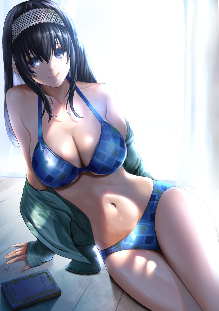 1girls arm_support big_breasts bikini blue_bikini blue_eyes book breasts cleavage female green_jacket hairband hi_res idolmaster idolmaster_cinderella_girls indoors jacket jacket_removed kos-owl long_hair looking_at_viewer navel pinup sagisawa_fumika shiny_skin sitting smile solo solo_focus striped_bikini toned wooden_floor