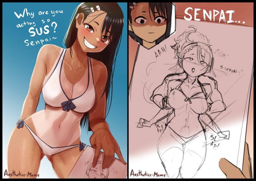 1boy 1girls aestheticc-meme aged_up angry athletic athletic_female beach big_breasts bikini black_hair blue_background breasts brown_eyes caught characterful cleavage comic curvy drawing empty_eyes english_text female hayase_nagatoro long_hair looking_at_viewer male meme naoto_hachioji_(senpai) nipples please_don't_bully_me,_nagatoro rough_sex sex simple_background sketch smile sweat tan tanline tanned text tomboy upset watermark wide_hips