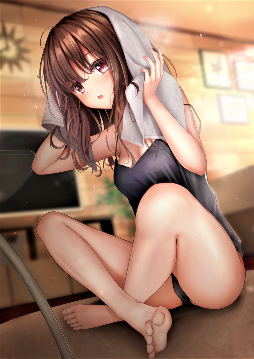 :o absurdres bare_arms bare_legs bare_shoulders barefoot black_panties black_shirt blurry blurry_background breasts brown_hair camisole cleavage commentary_request depth_of_field eyebrows_visible_through_hair feet female highres holding holding_towel indoors light_rays long_hair looking_at_viewer medium_breasts monaka_curl no_pants open_mouth original panties picture_frame pink_eyes revision shirt sitting sitting_indian_style sleeveless sleeveless_shirt solo table television thighs toes towel underwear